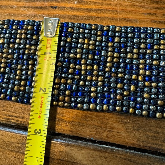 Vintage Beaded Statement Blue/Gold Stretchy Belt with Teak Wooded Buckle - Picture 7 of 8